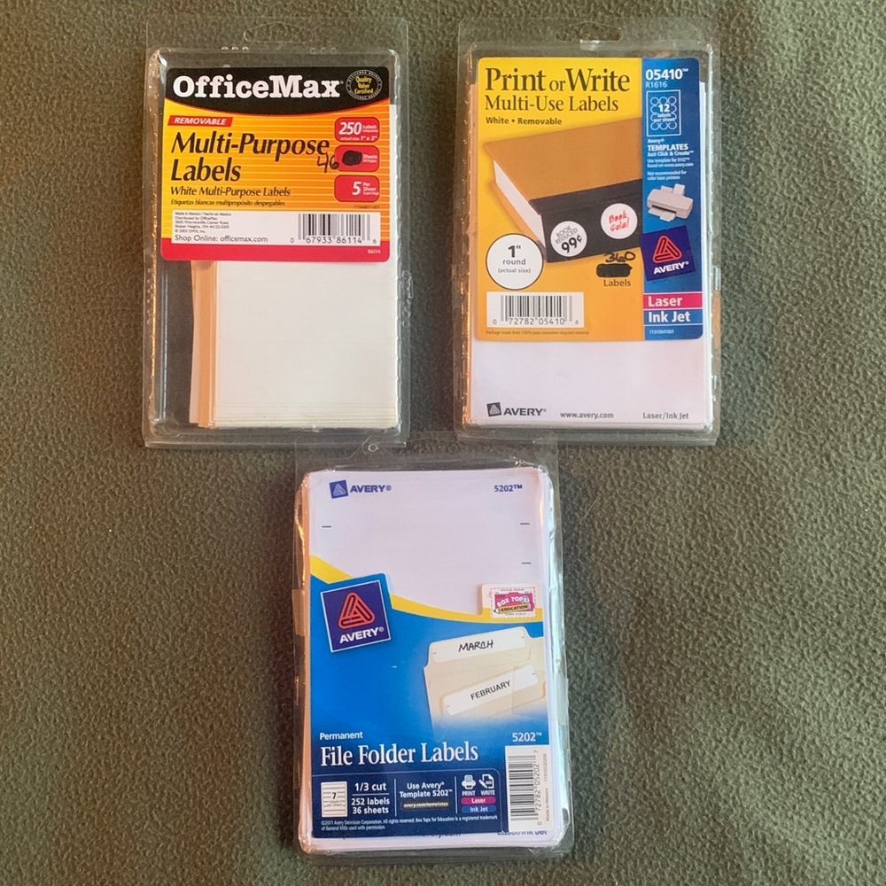 Office Max and Avery multi-purpose labels and file folder labels. Various sizes.